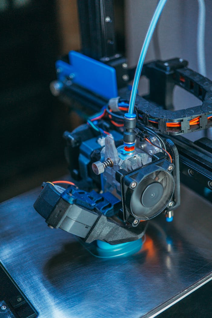 Detailed view of a 3D printer extruder head in a workshop setting.