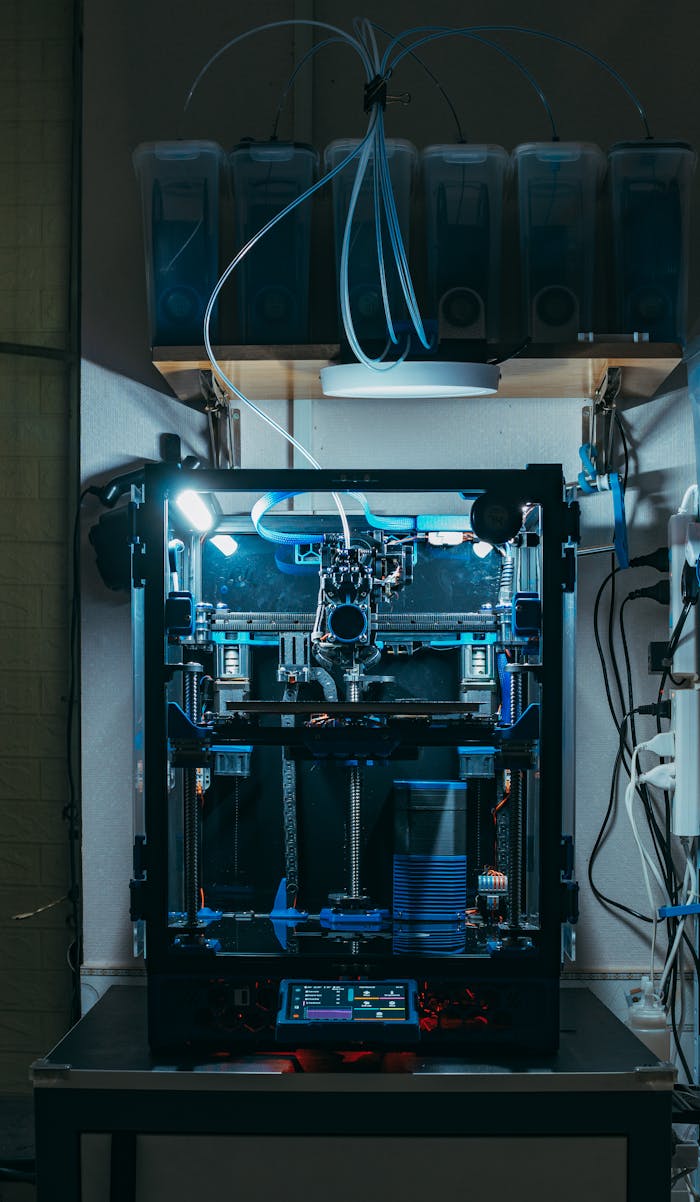 A high-tech 3D printer operating in an industrial workshop, showcasing modern technology.