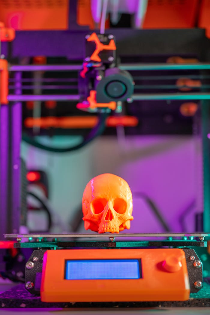 A vibrant 3D printed skull displayed on a printer in a colorful workshop setting.