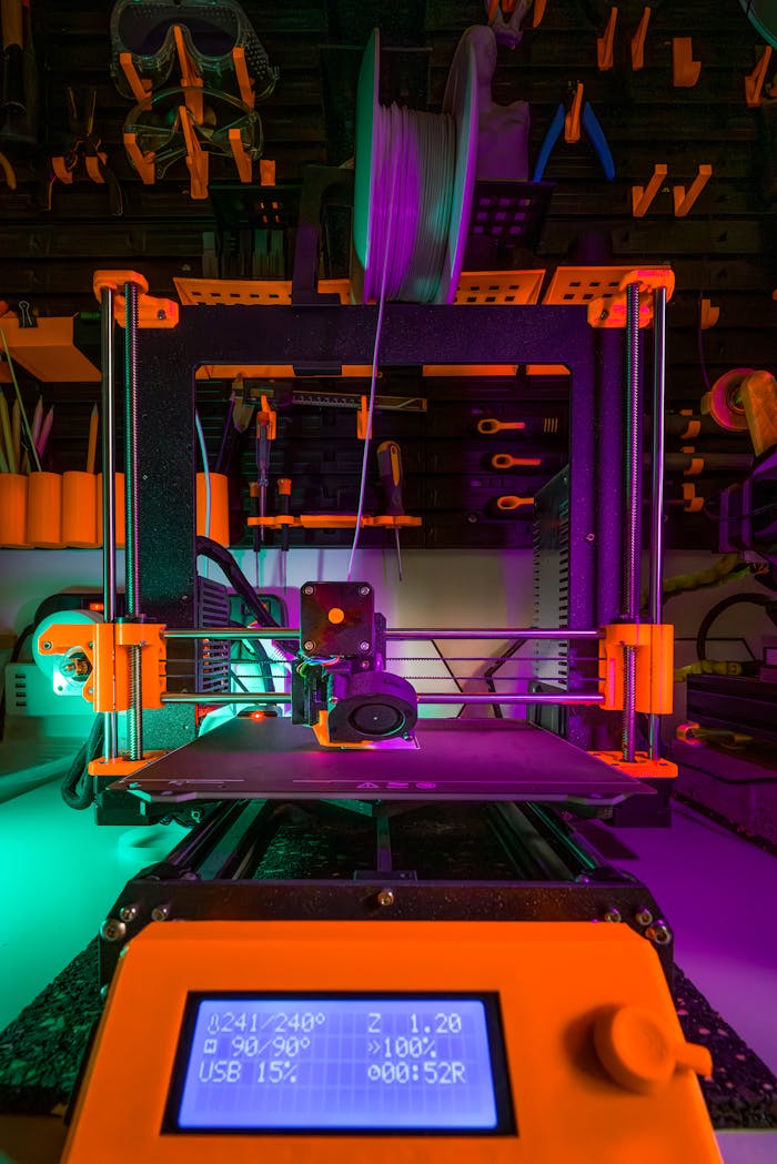 why-choose-us Close-up of a neon-lit 3D printer in a workshop, showcasing vibrant colors and design.