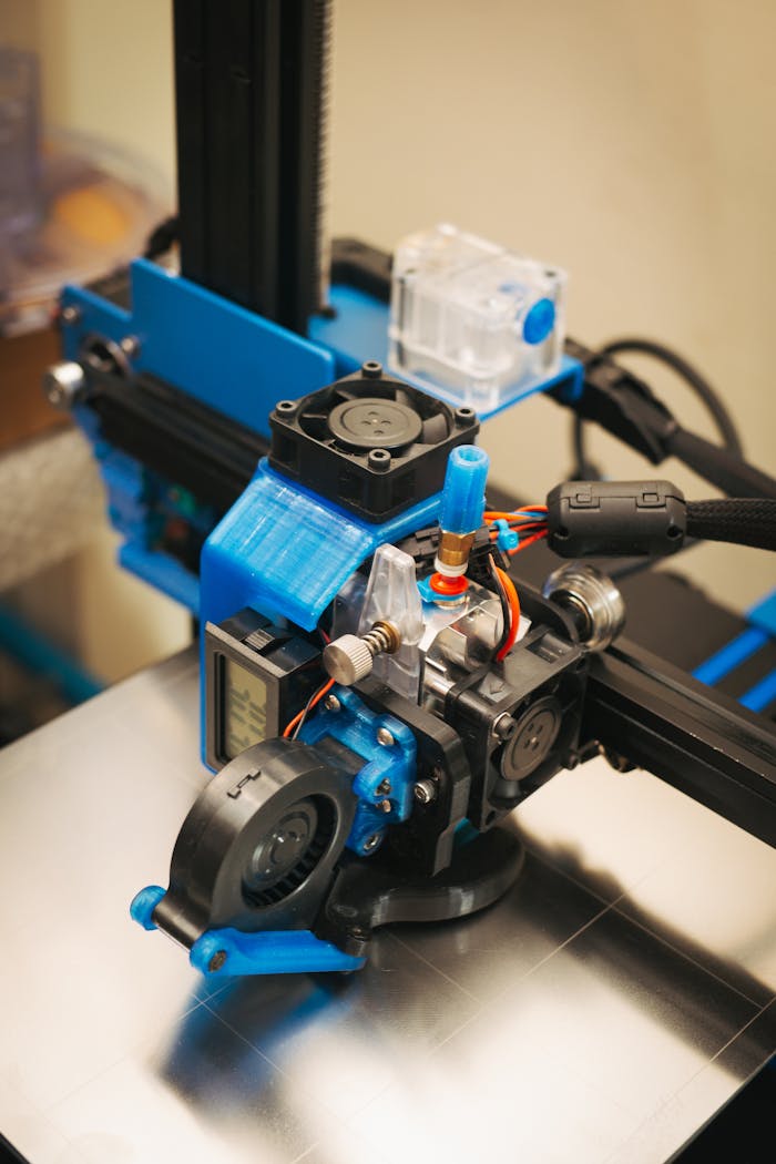 Detailed view of a blue 3D printer operating, showcasing technology and innovation.